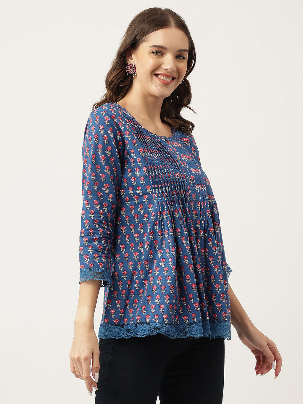 Noe Velarro Navy Blue Floral Printed Cotton Peplum Top