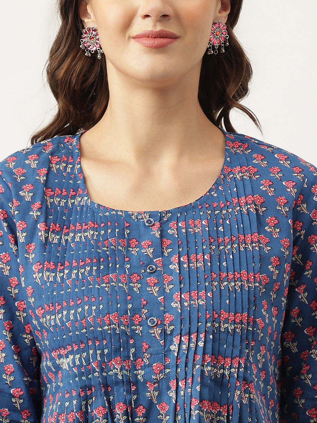 Noe Velarro Navy Blue Floral Printed Cotton Peplum Top