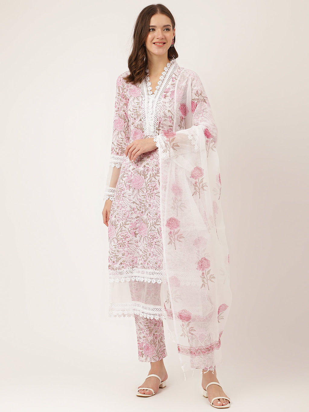 Noe Velarro White Hand Block Floral Print Cotton  Kurta, Trouser & Dupatta