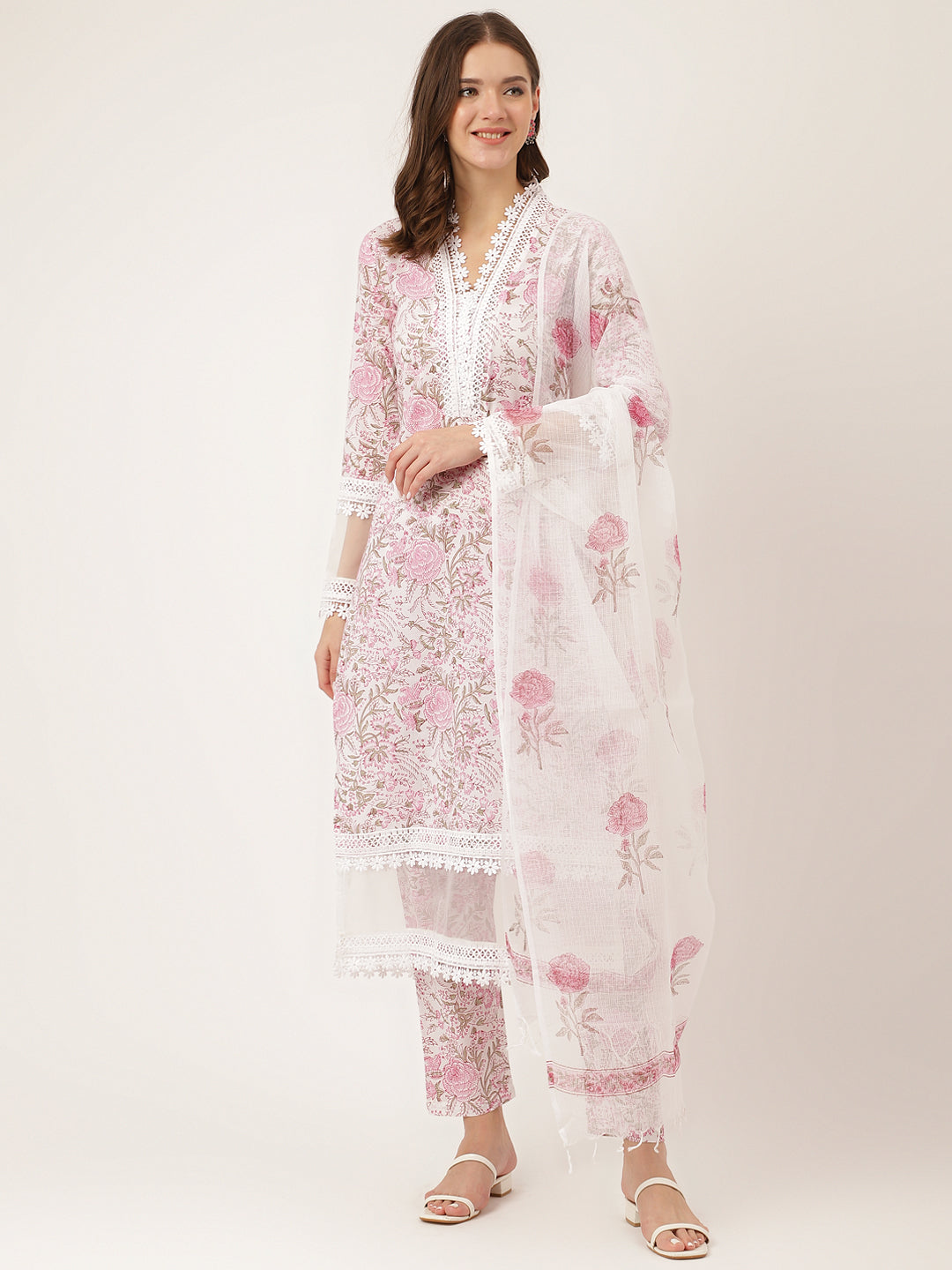 Noe Velarro White Hand Block Floral Print Cotton  Kurta, Trouser & Dupatta