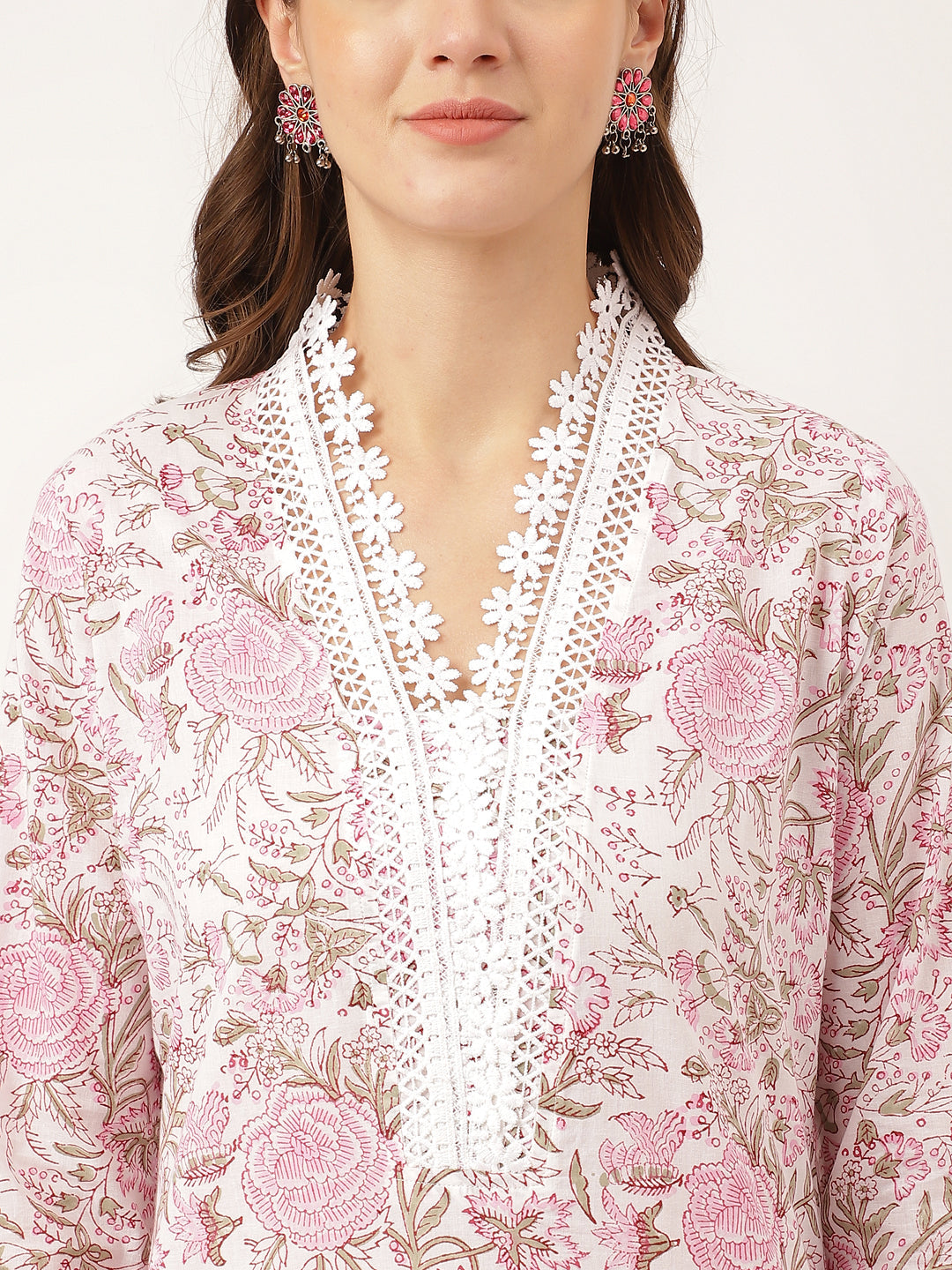 Noe Velarro White Hand Block Floral Print Cotton  Kurta, Trouser & Dupatta