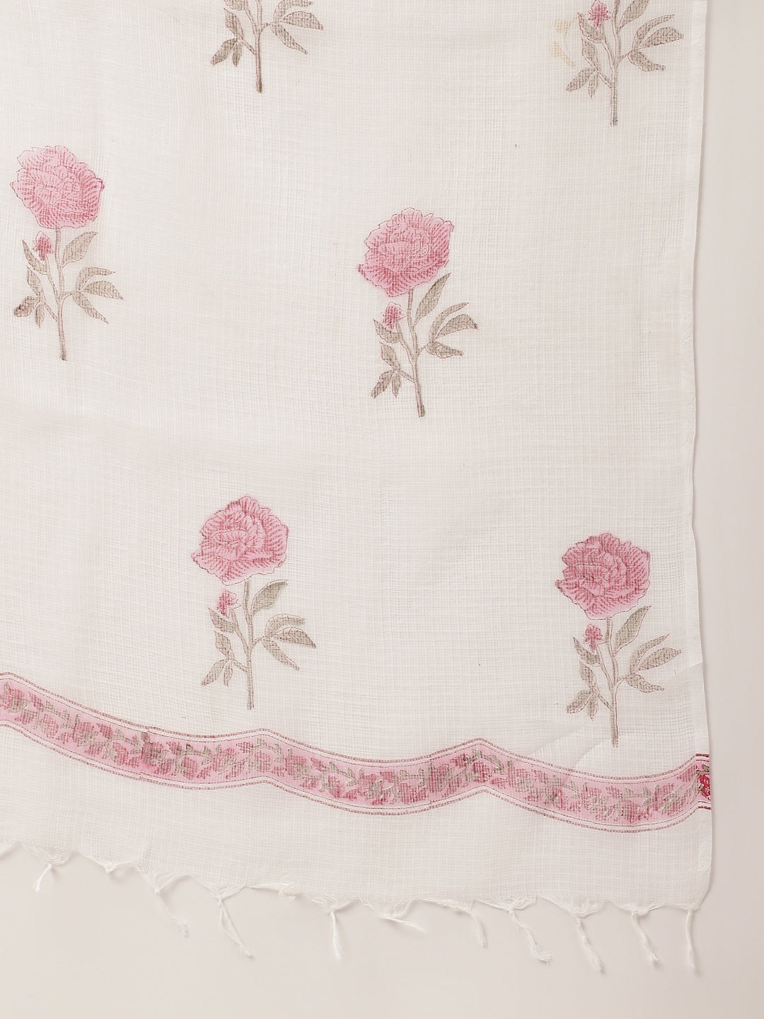 Noe Velarro White Hand Block Floral Print Cotton  Kurta, Trouser & Dupatta
