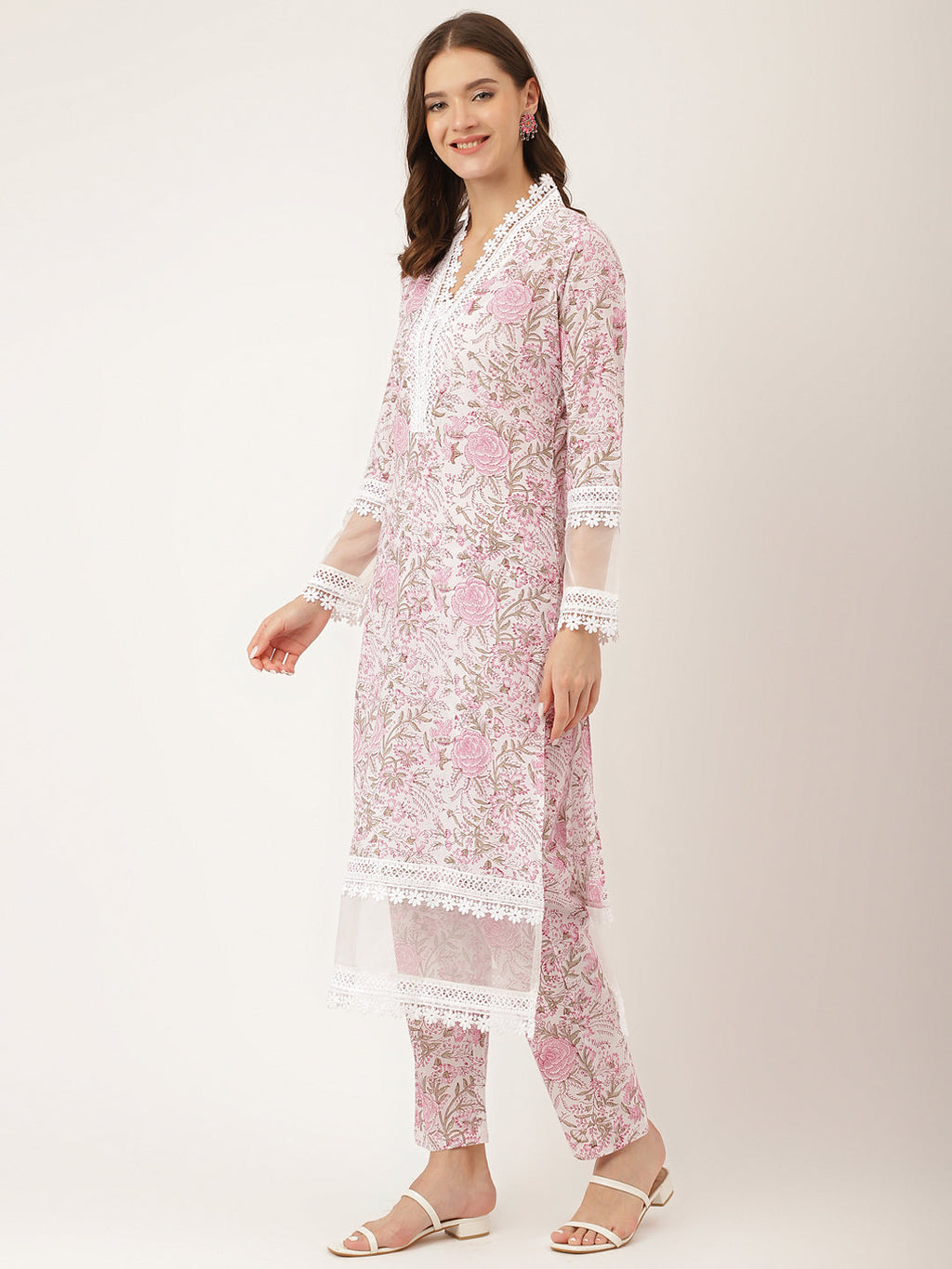 Noe Velarro White Hand Block Floral Print Cotton  Kurta, Trouser & Dupatta