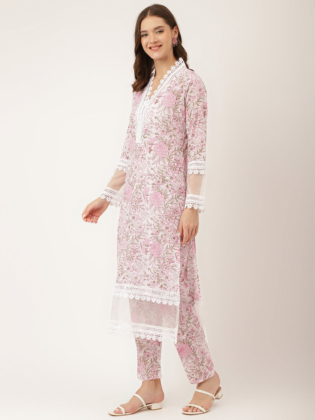 Noe Velarro White Hand Block Floral Print Cotton  Kurta, Trouser & Dupatta