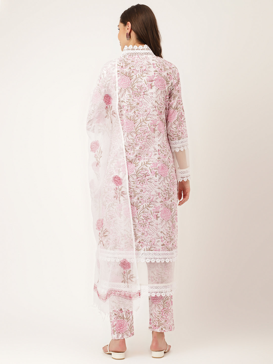 Noe Velarro White Hand Block Floral Print Cotton  Kurta, Trouser & Dupatta