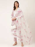 Noe Velarro White Hand Block Floral Print Cotton  Kurta, Trouser & Dupatta