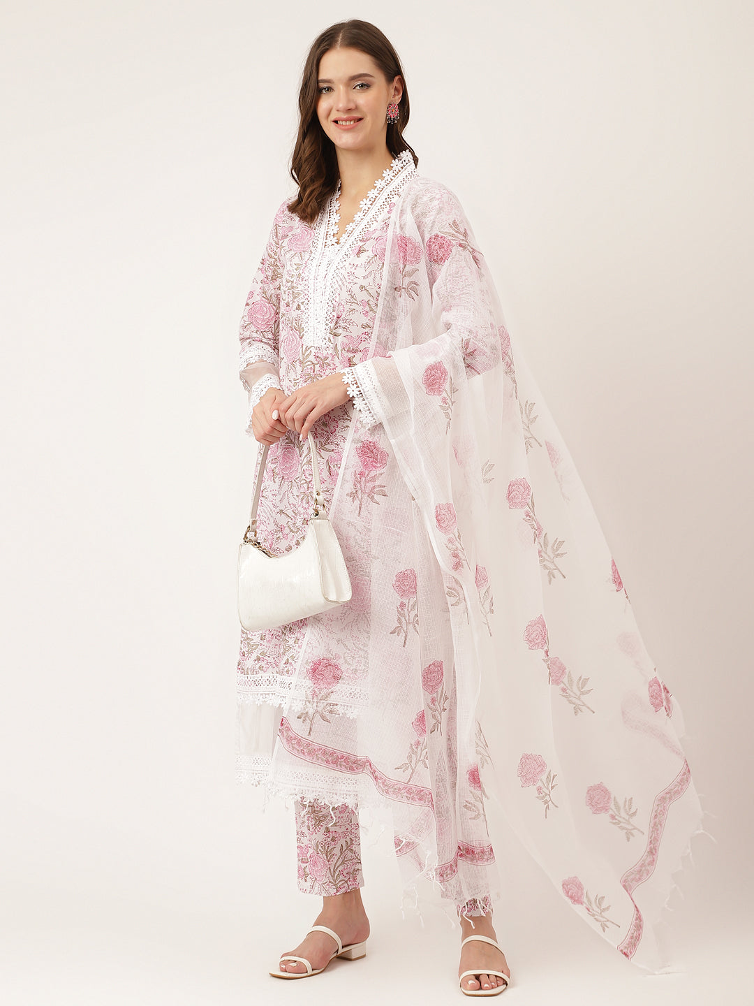 Noe Velarro White Hand Block Floral Print Cotton  Kurta, Trouser & Dupatta