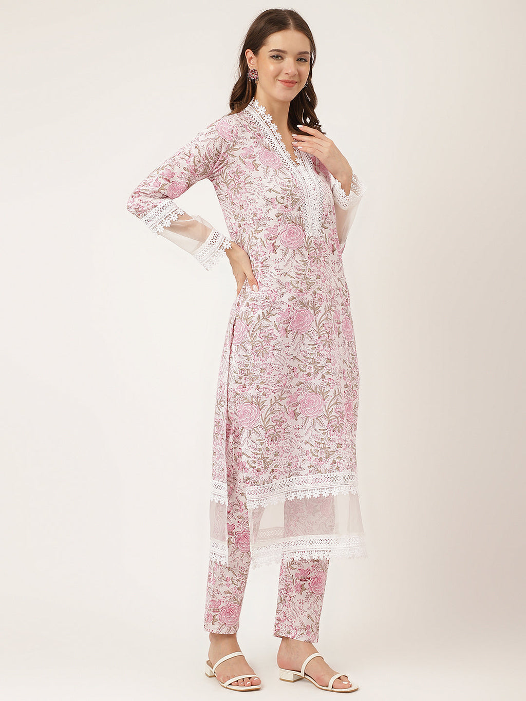 Noe Velarro White Hand Block Floral Print Cotton  Kurta, Trouser & Dupatta