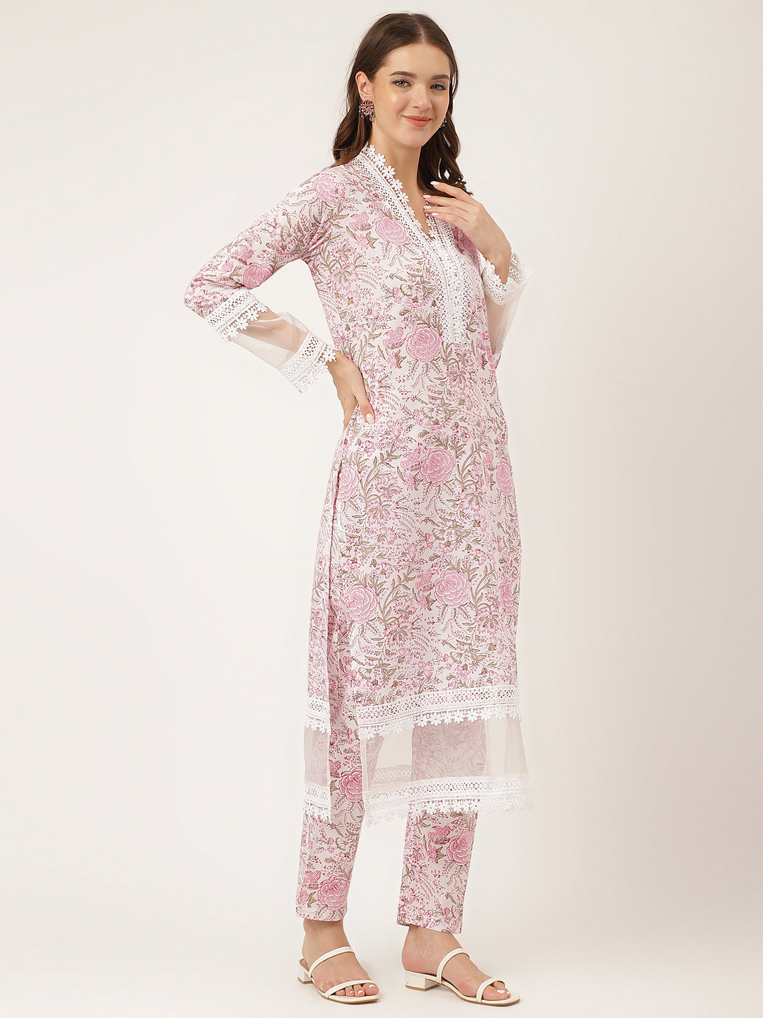 Noe Velarro White Hand Block Floral Print Cotton  Kurta, Trouser & Dupatta