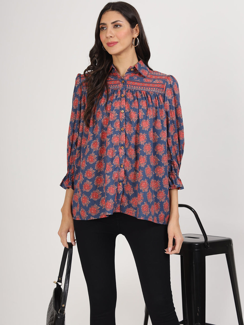 Noe Velarro Navy Blue Cotton Peplum FitCollar Neck top for Women