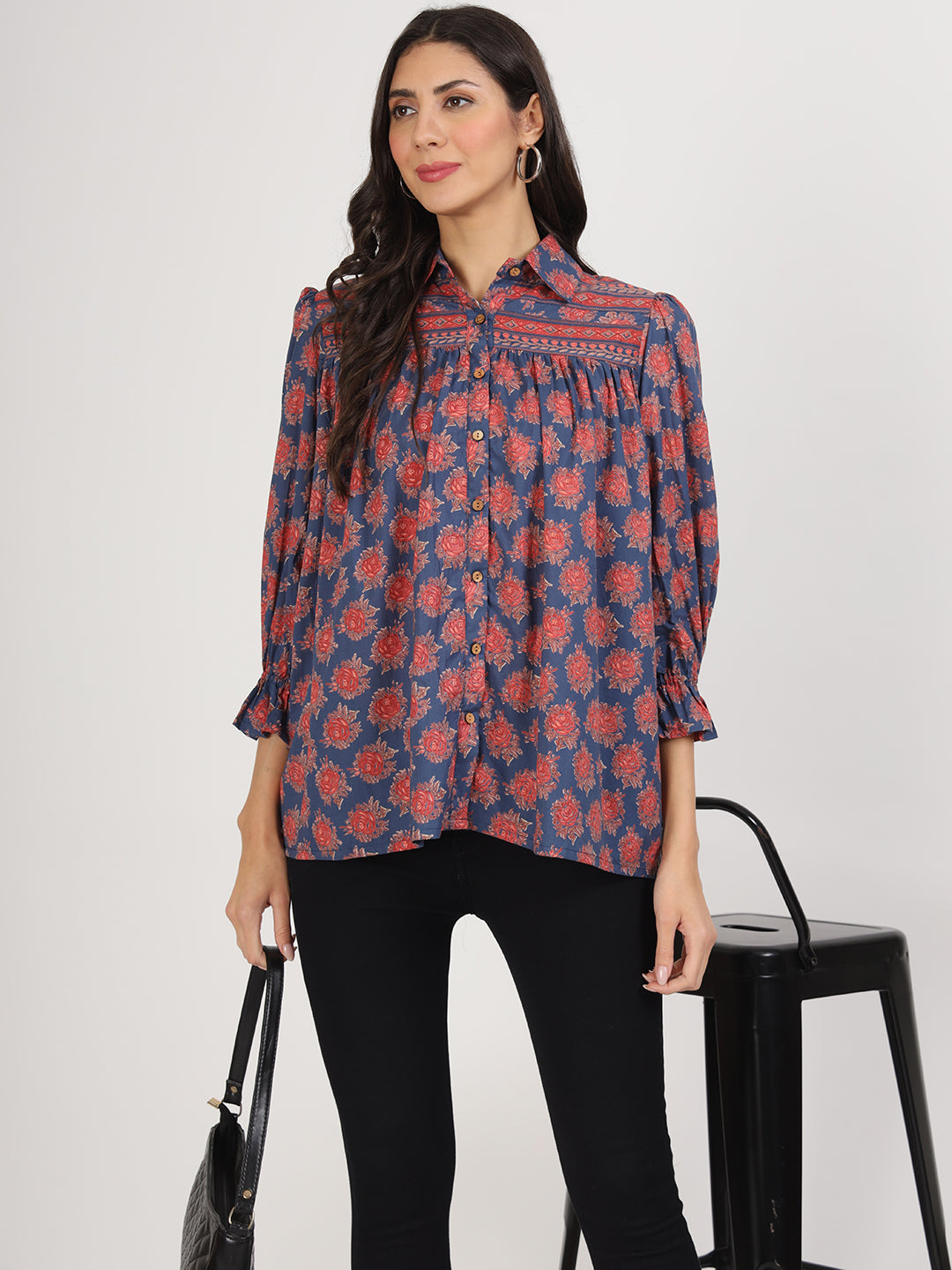 Noe Velarro Navy Blue Cotton Peplum FitCollar Neck top for Women