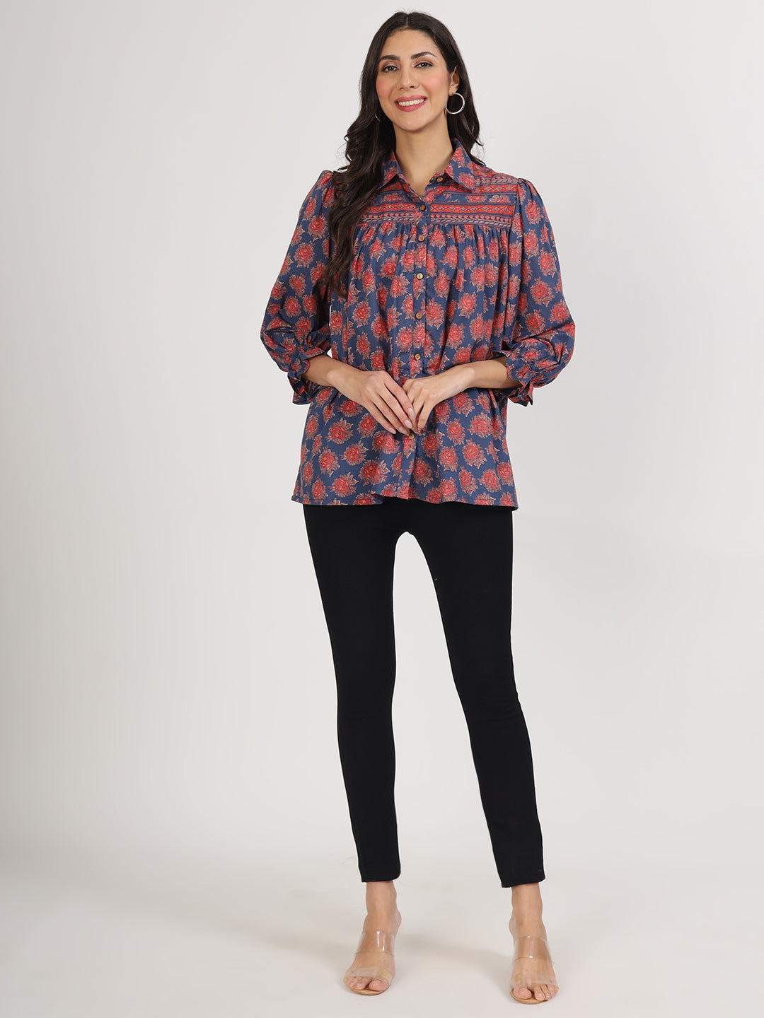 Noe Velarro Navy Blue Cotton Peplum FitCollar Neck top for Women