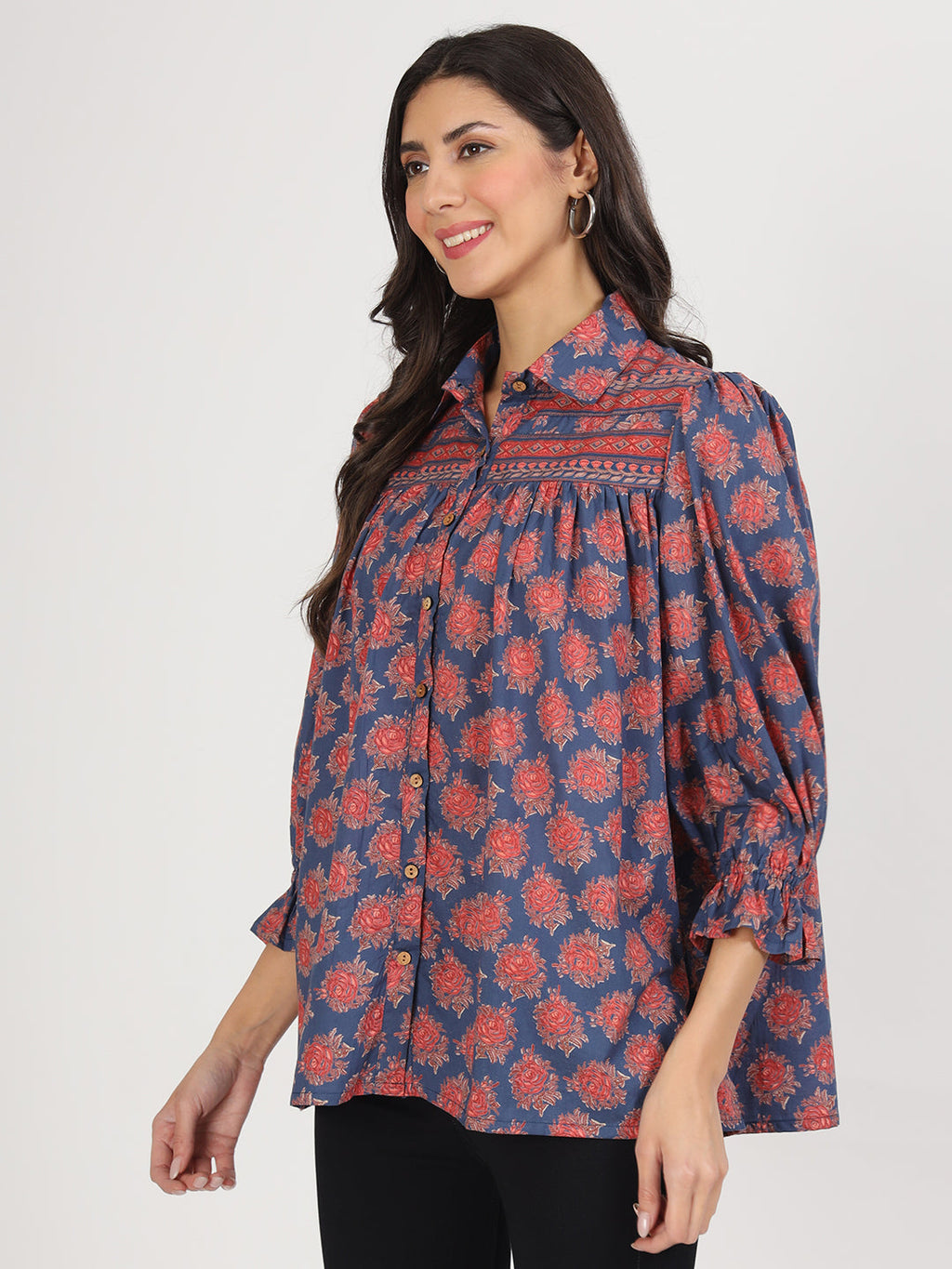 Noe Velarro Navy Blue Cotton Peplum FitCollar Neck top for Women