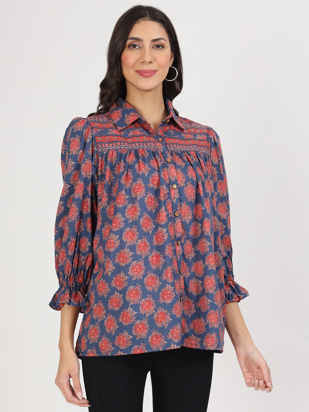 Noe Velarro Navy Blue Cotton Peplum FitCollar Neck top for Women