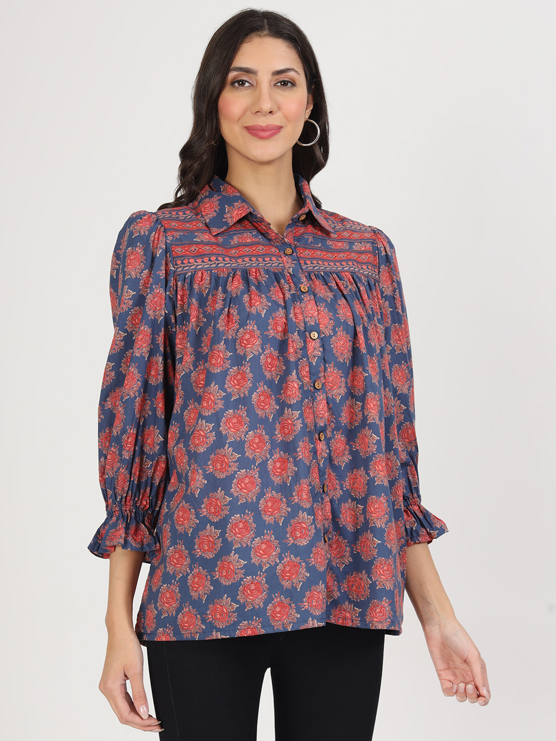 Noe Velarro Navy Blue Cotton Peplum FitCollar Neck top for Women