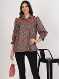 Noe Velarro Green Cotton Peplum FitCollar Neck top for Women