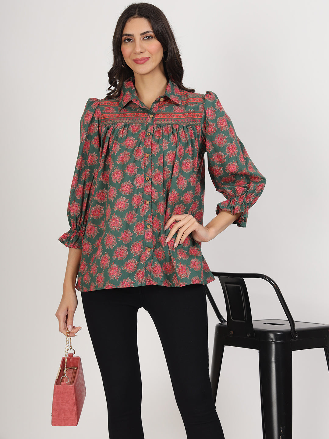 Noe Velarro Green Cotton Peplum FitCollar Neck top for Women