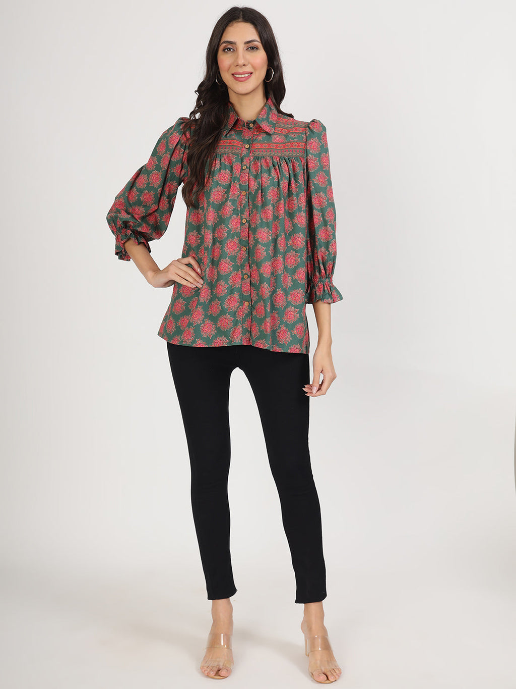 Noe Velarro Green Cotton Peplum FitCollar Neck top for Women