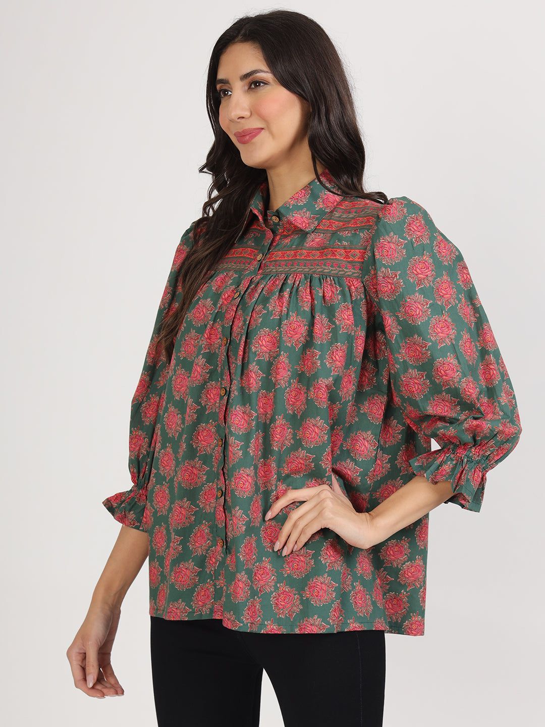 Noe Velarro Green Cotton Peplum FitCollar Neck top for Women