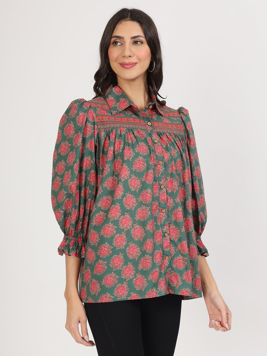Noe Velarro Green Cotton Peplum FitCollar Neck top for Women