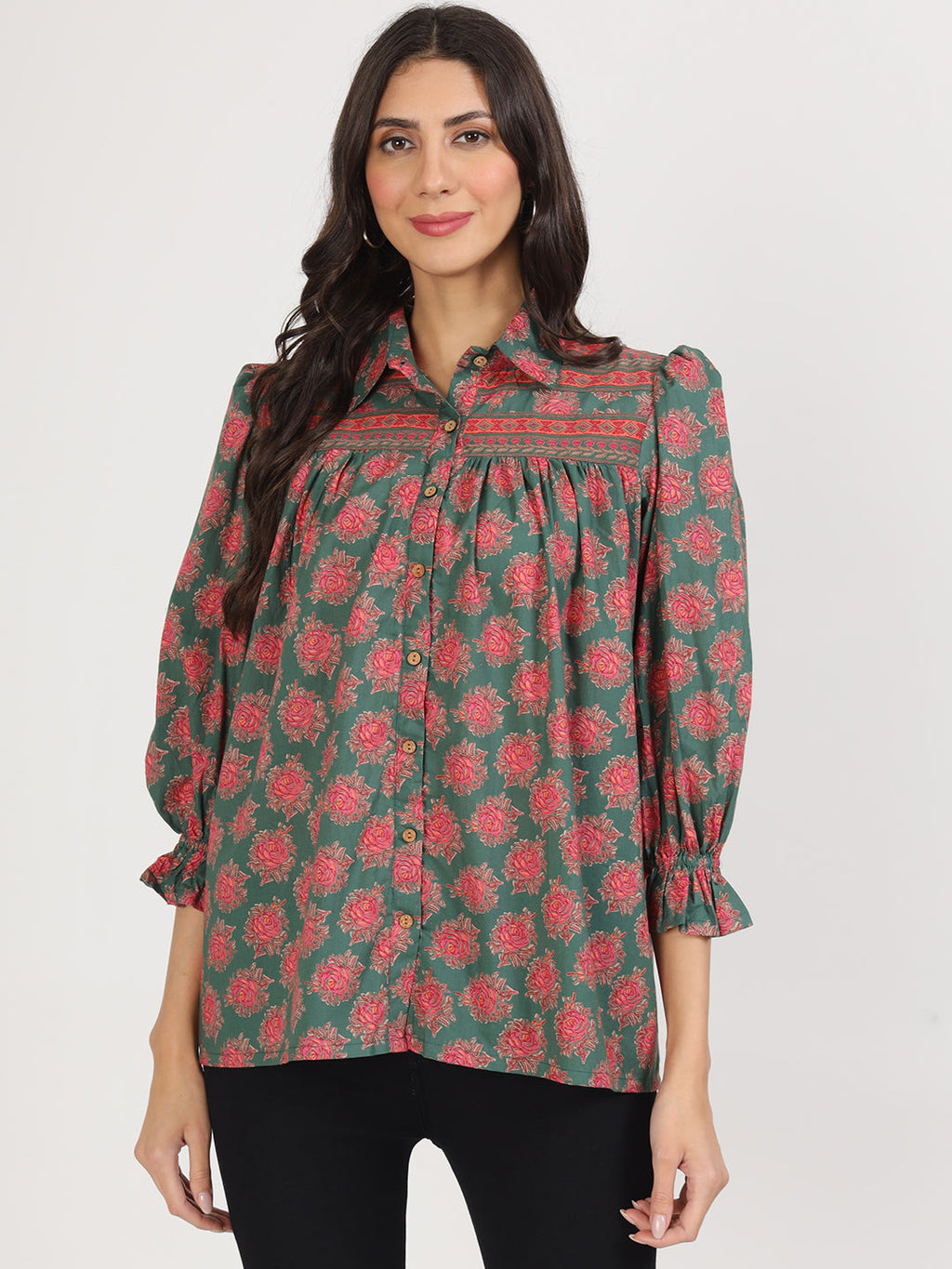 Noe Velarro Green Cotton Peplum FitCollar Neck top for Women