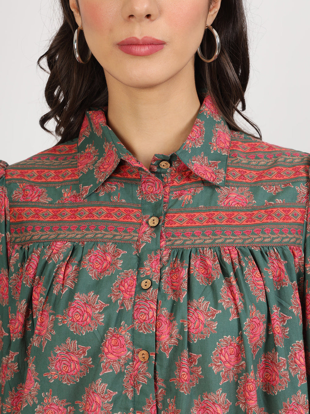 Noe Velarro Green Cotton Peplum FitCollar Neck top for Women