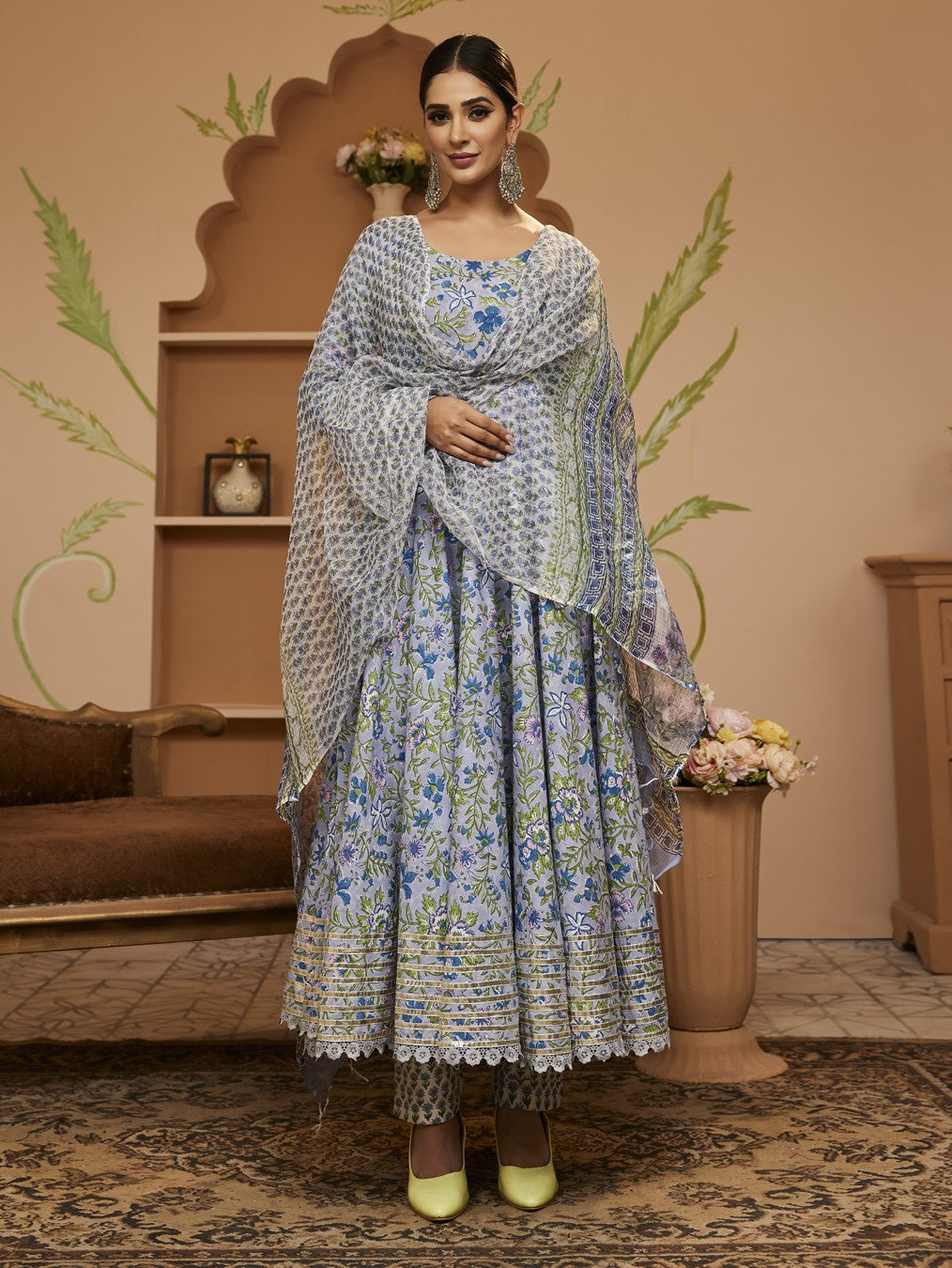 Noe Velarro Handblock Floral Printed Blue Anarkali Cotton Kurta With Trousers & Dupatta