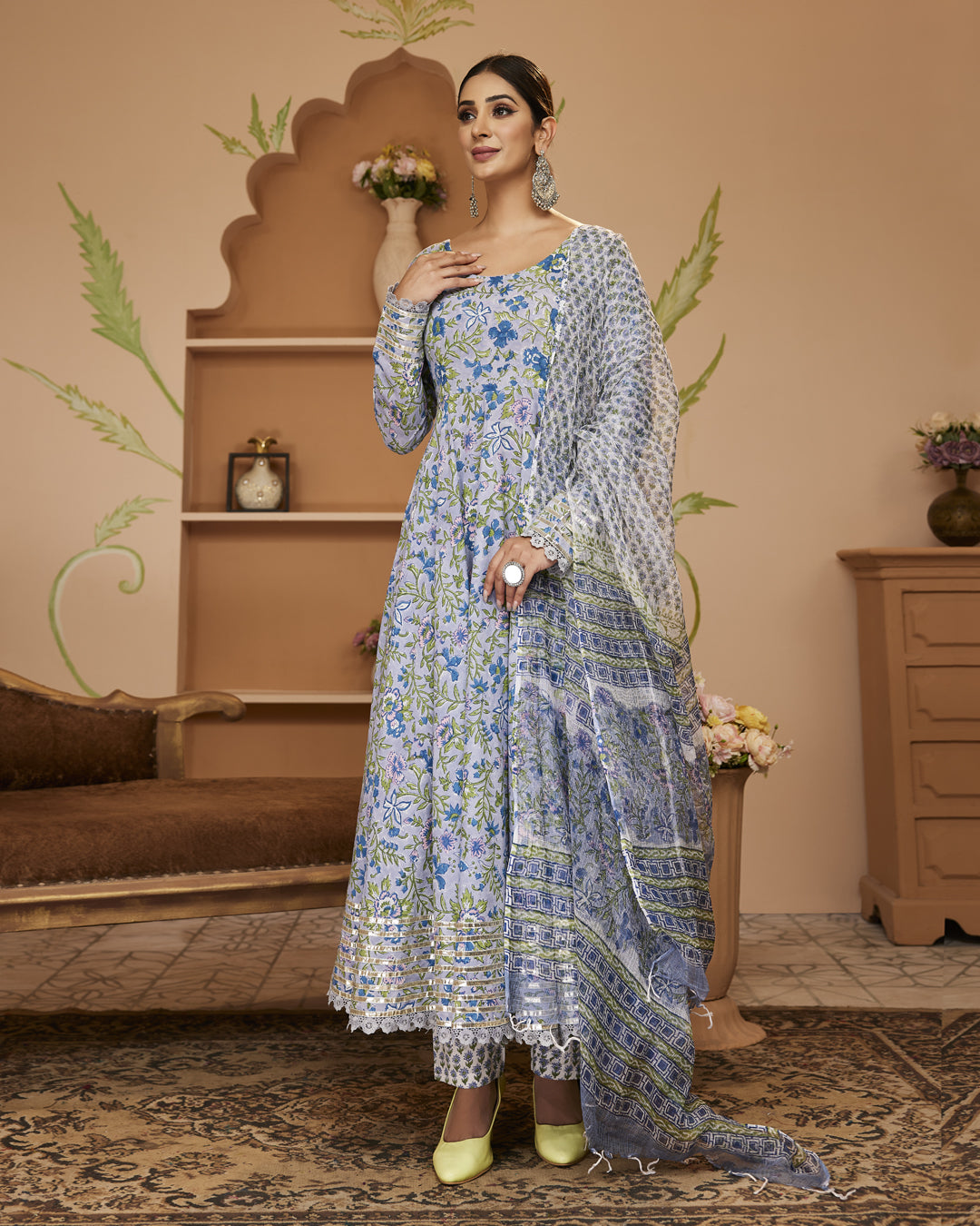 Noe Velarro Handblock Floral Printed Blue Anarkali Cotton Kurta With Trousers & Dupatta