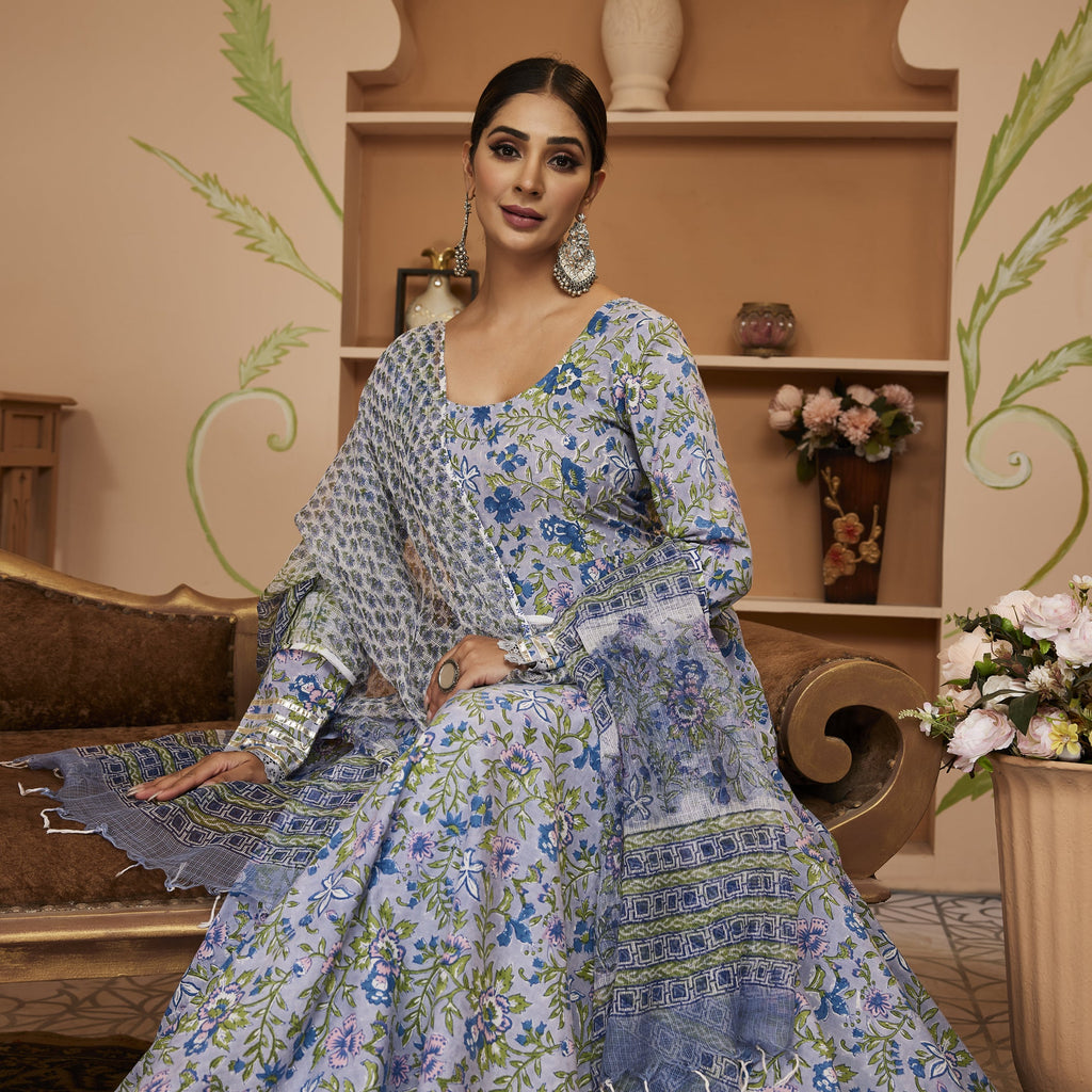 Noe Velarro Handblock Floral Printed Blue Anarkali Cotton Kurta With Trousers & Dupatta
