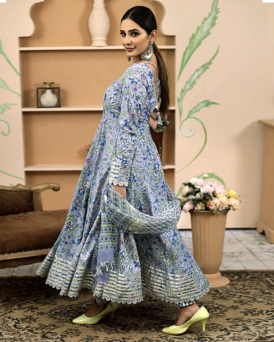 Noe Velarro Handblock Floral Printed Blue Anarkali Cotton Kurta With Trousers & Dupatta