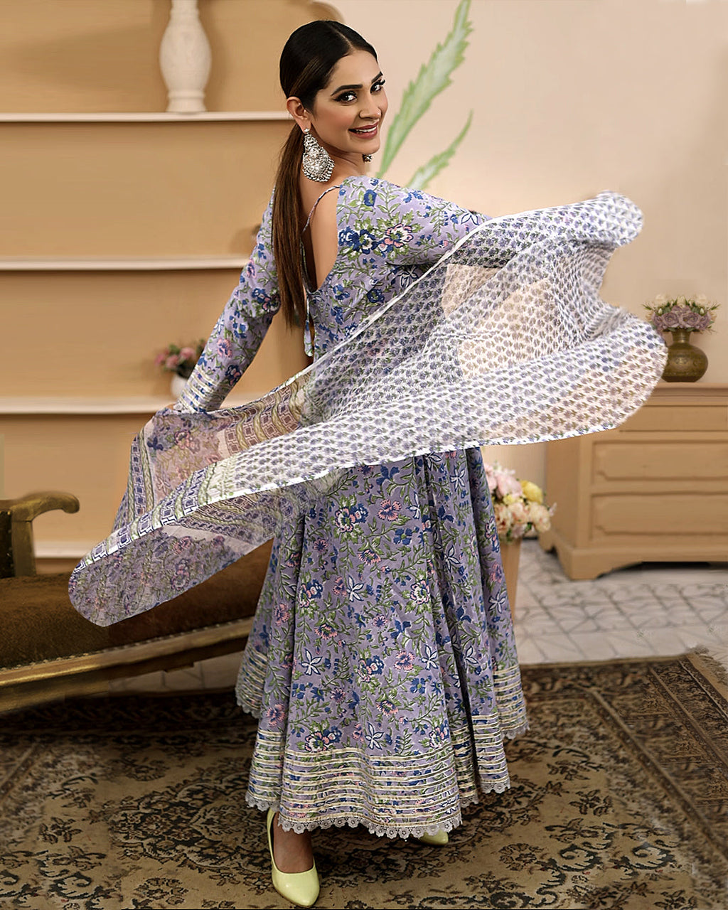 Noe Velarro Handblock Floral Printed Blue Anarkali Cotton Kurta With Trousers & Dupatta