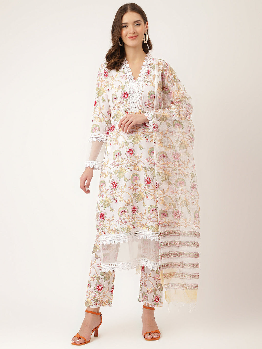 Noe Velarro White Hand Block Floral Print Cotton  Kurta, Trouser With Dupatta