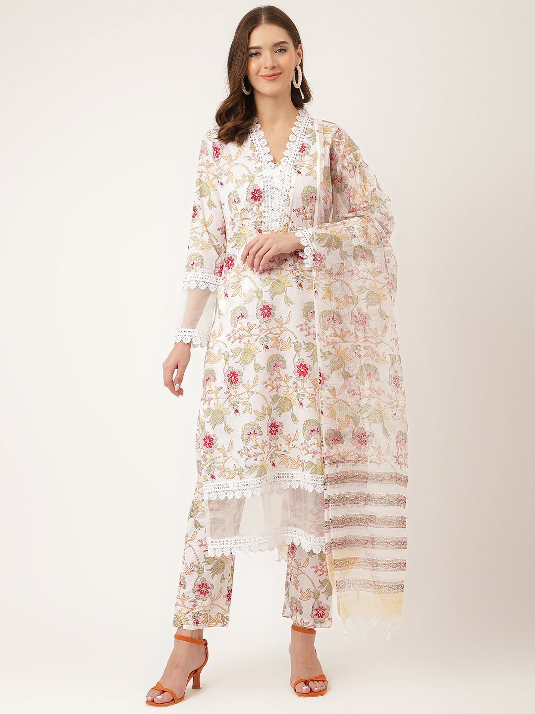 Noe Velarro White Hand Block Floral Print Cotton  Kurta, Trouser With Dupatta