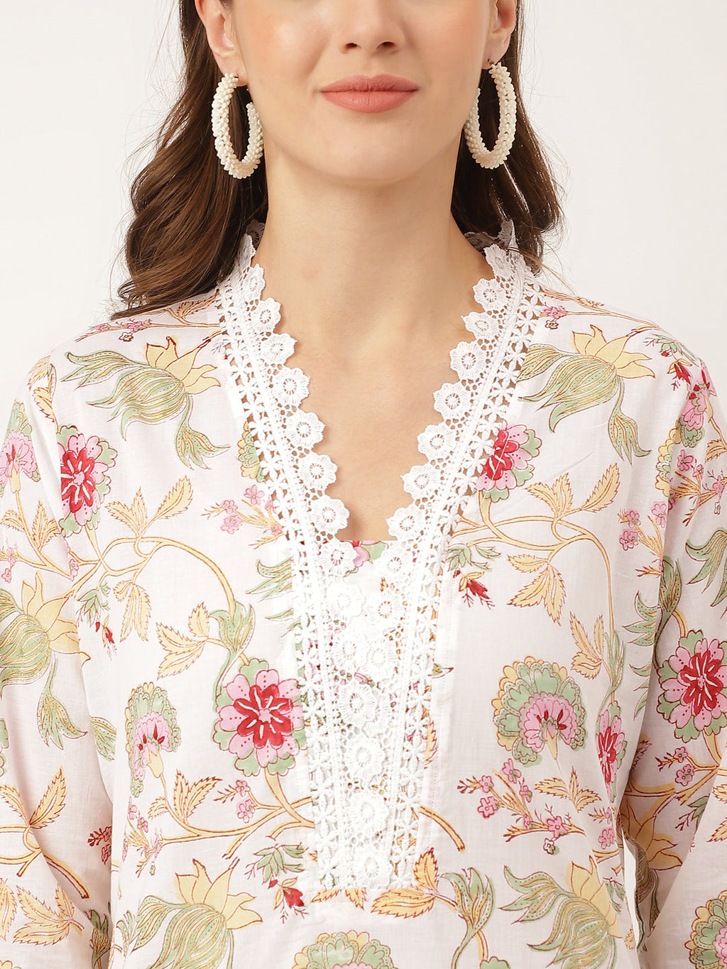 Noe Velarro White Hand Block Floral Print Cotton  Kurta, Trouser With Dupatta