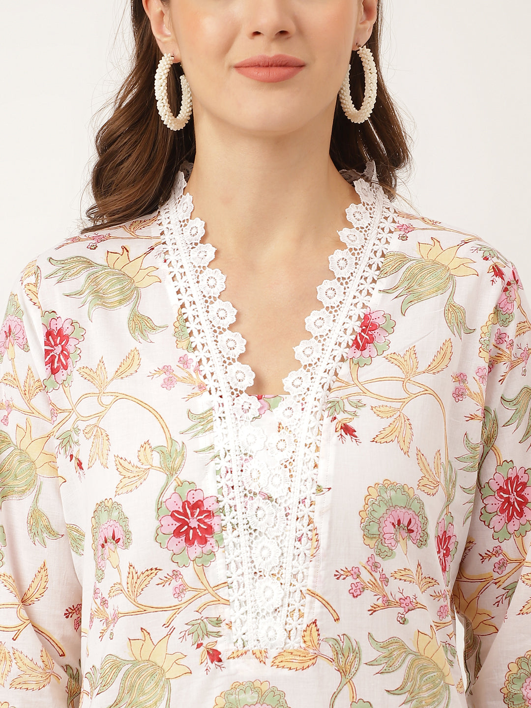 Noe Velarro White Hand Block Floral Print Cotton  Kurta, Trouser With Dupatta