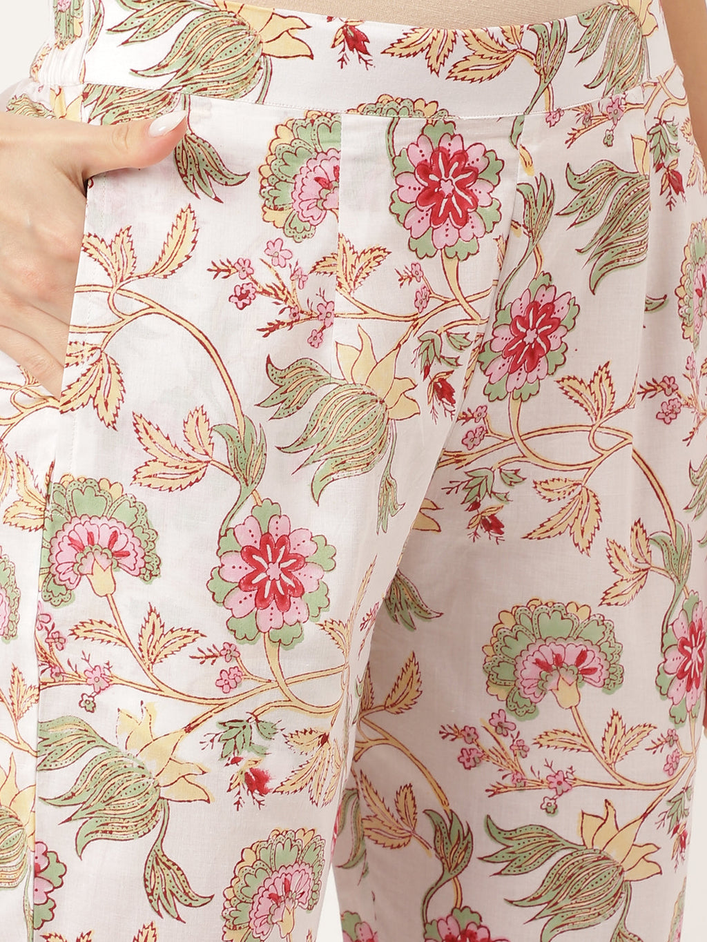 Noe Velarro White Hand Block Floral Print Cotton  Kurta, Trouser With Dupatta