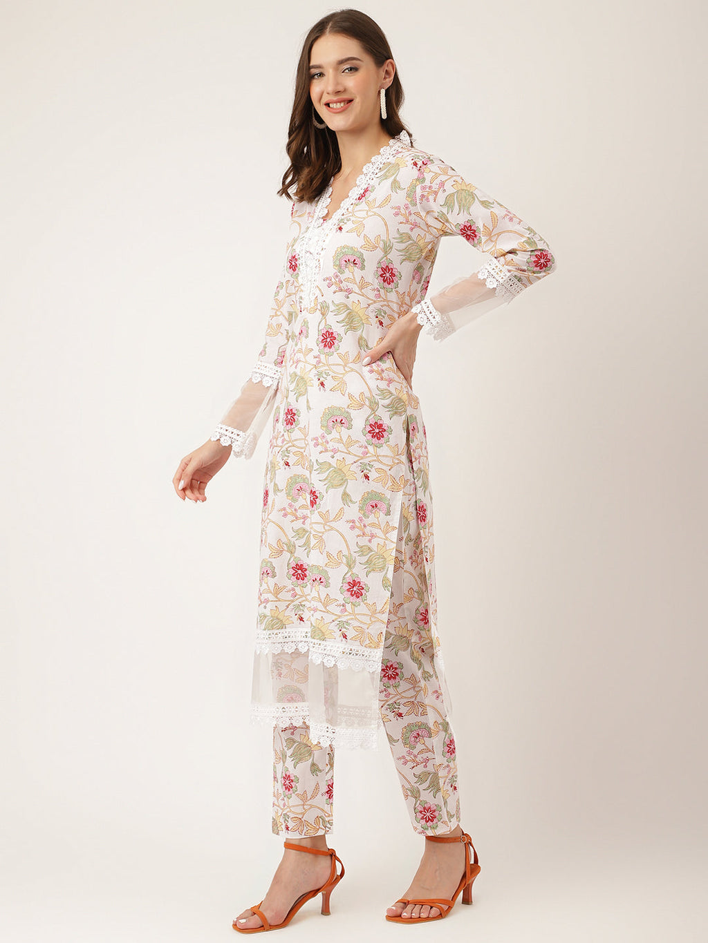 Noe Velarro White Hand Block Floral Print Cotton  Kurta, Trouser With Dupatta
