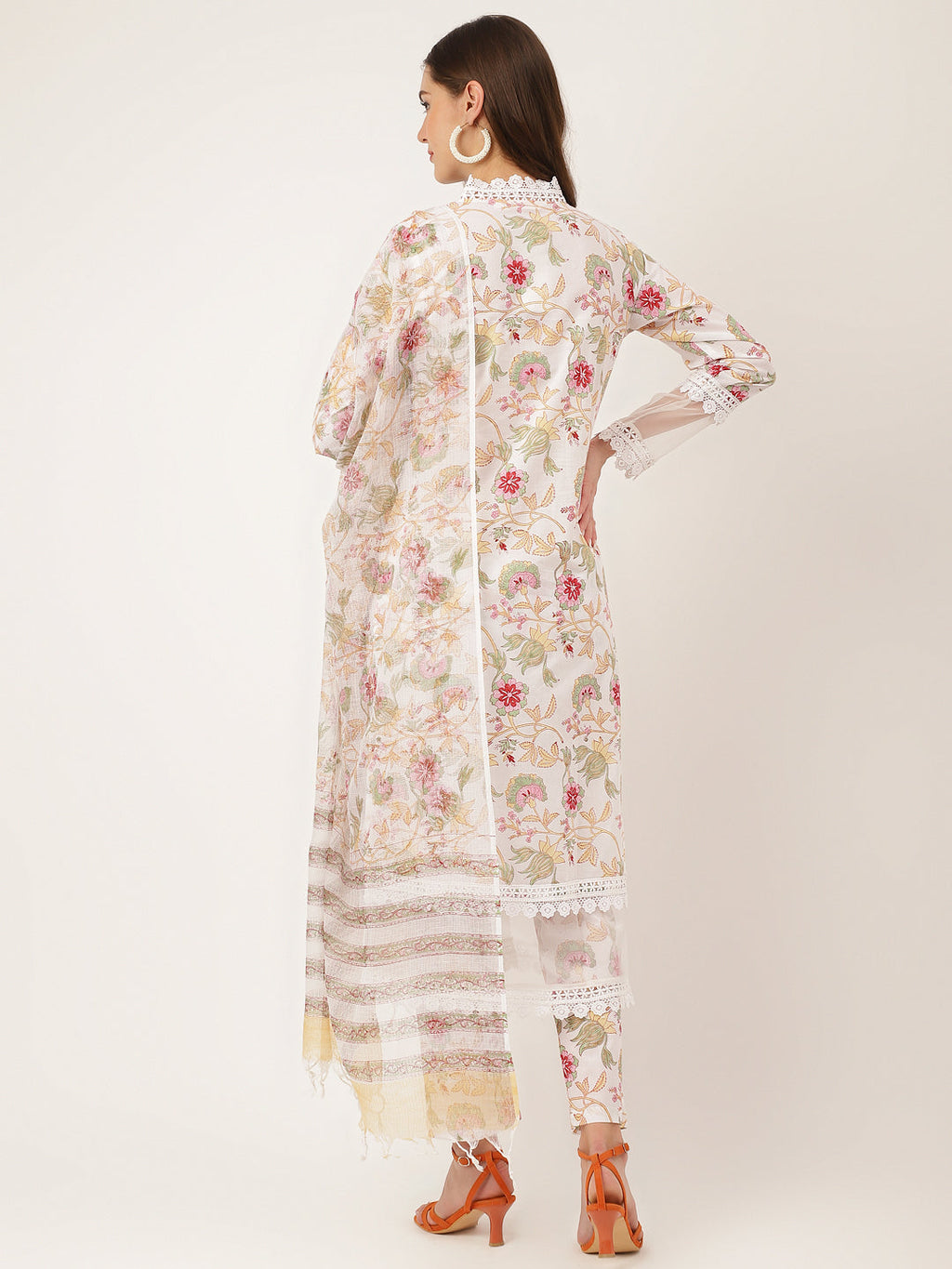 Noe Velarro White Hand Block Floral Print Cotton  Kurta, Trouser With Dupatta