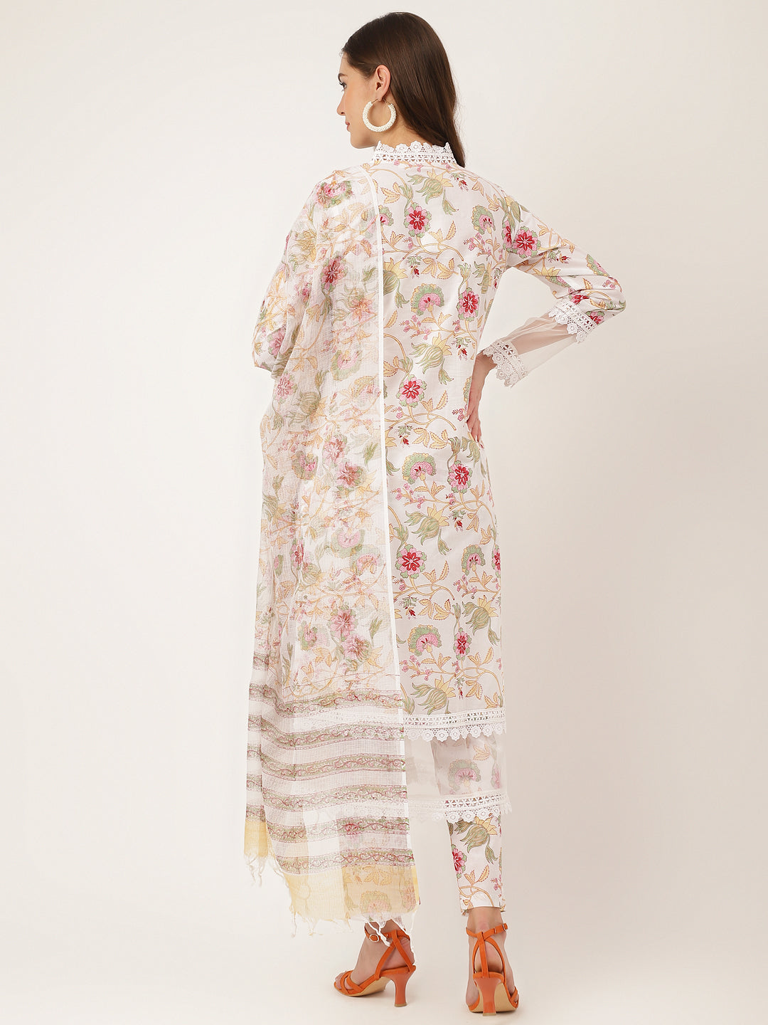 Noe Velarro White Hand Block Floral Print Cotton  Kurta, Trouser With Dupatta
