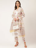 Noe Velarro White Hand Block Floral Print Cotton  Kurta, Trouser With Dupatta