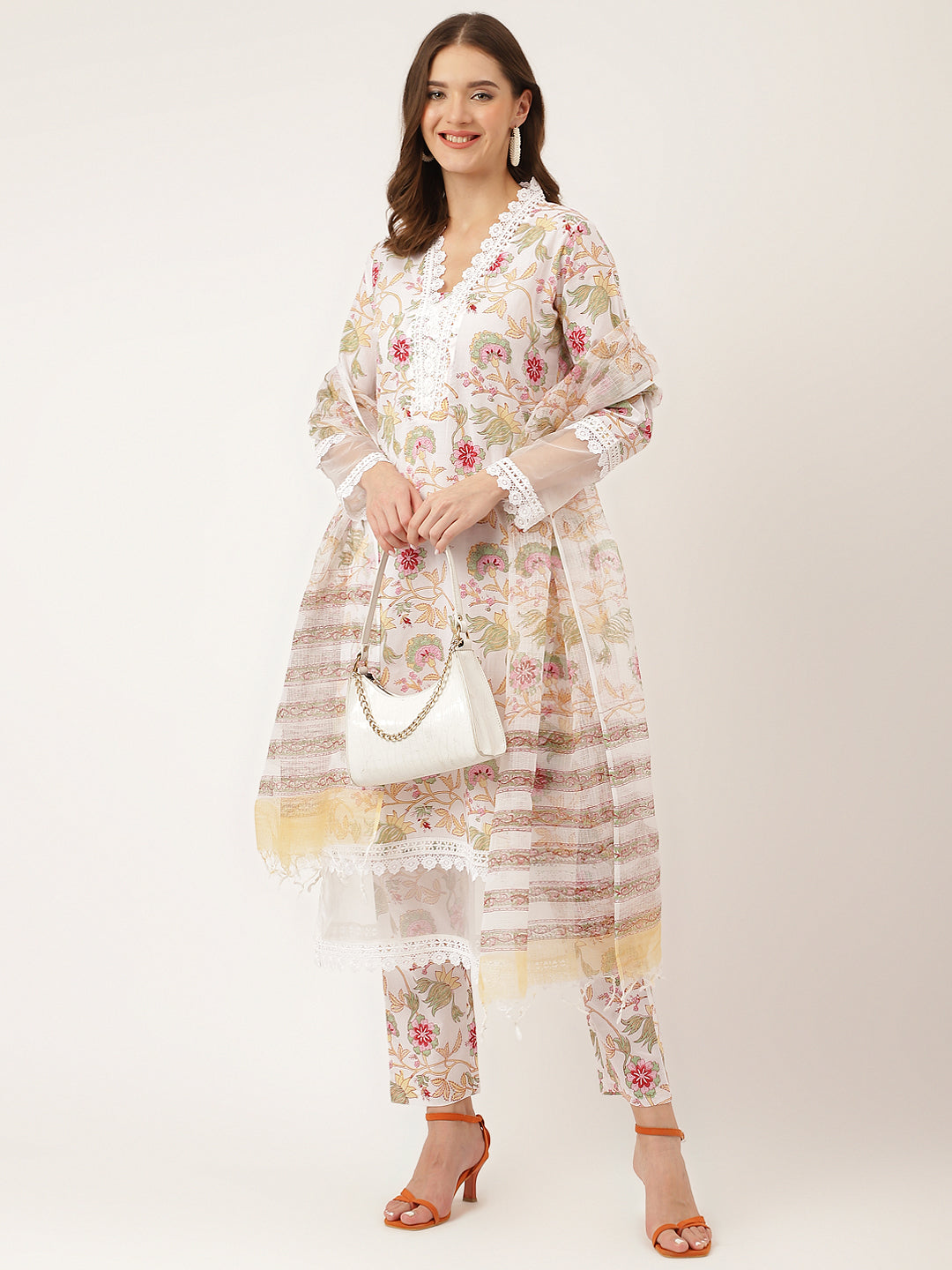 Noe Velarro White Hand Block Floral Print Cotton  Kurta, Trouser With Dupatta