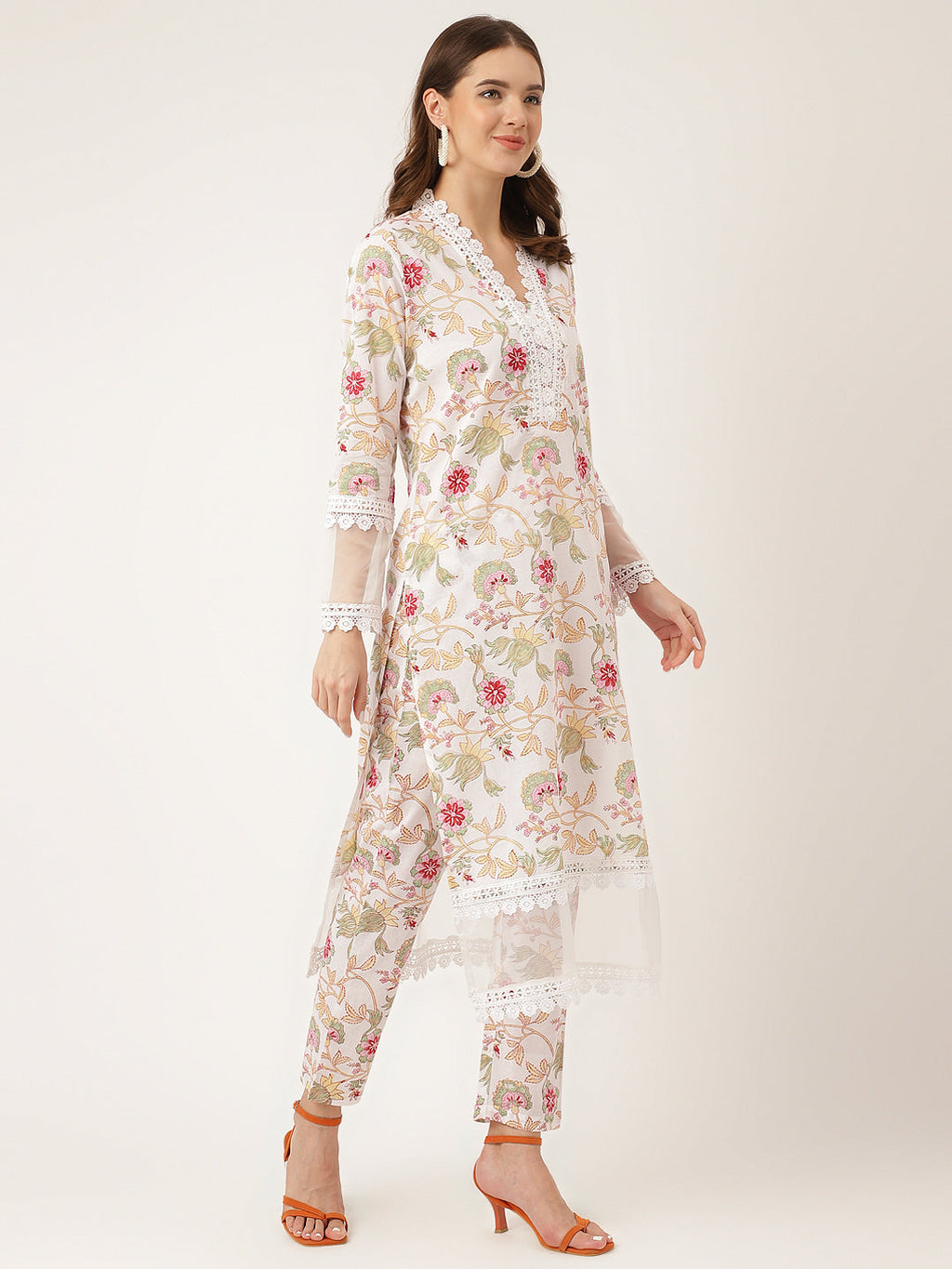 Noe Velarro White Hand Block Floral Print Cotton  Kurta, Trouser With Dupatta