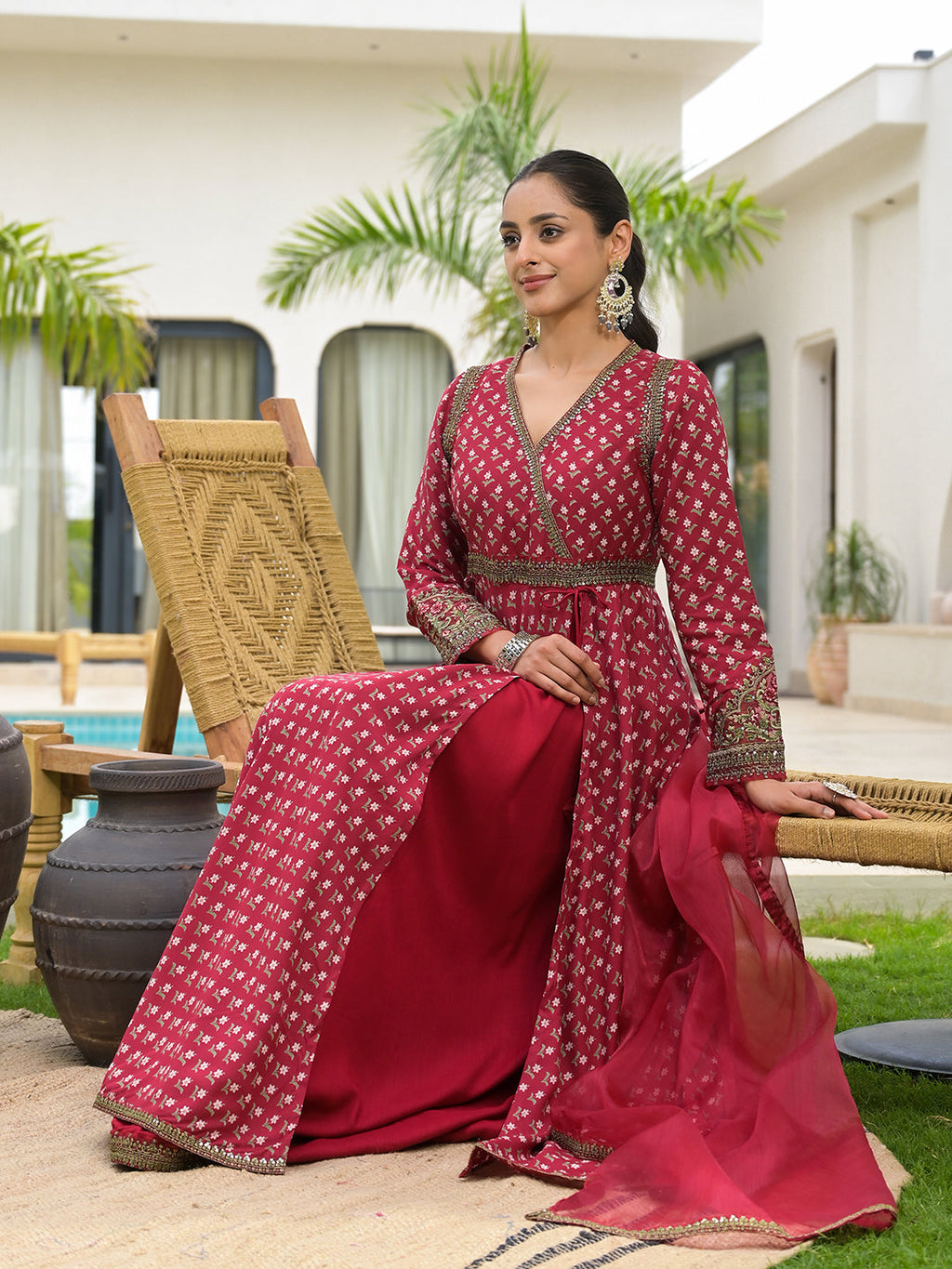 Noe Velarro Maroon Printed & Zari Embroidered Rayon Layered Kurta with Dupatta Set for Women