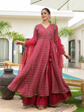 Noe Velarro Maroon Printed & Zari Embroidered Rayon Layered Kurta with Dupatta Set for Women