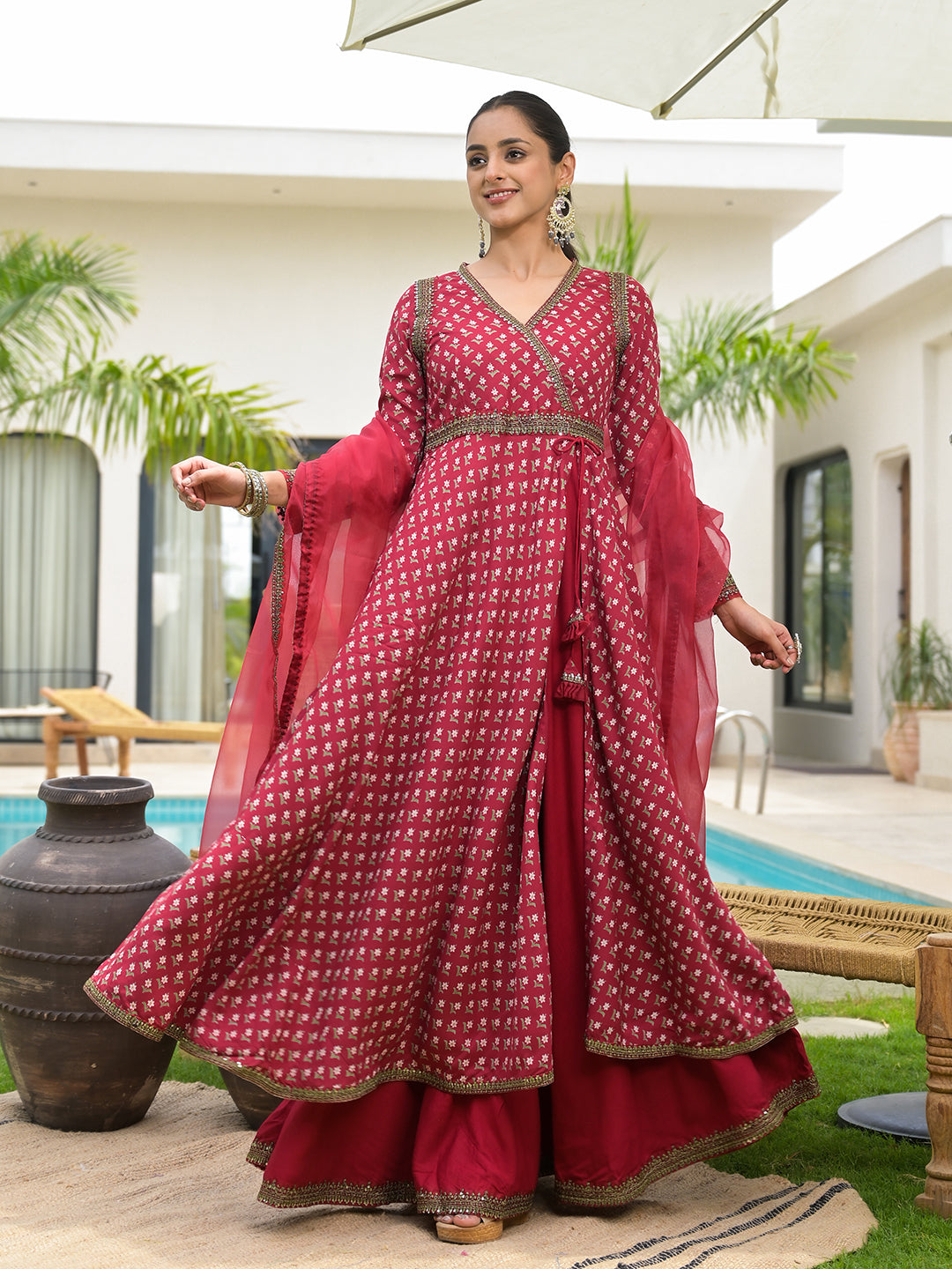 Noe Velarro Maroon Printed & Zari Embroidered Rayon Layered Kurta with Dupatta Set for Women