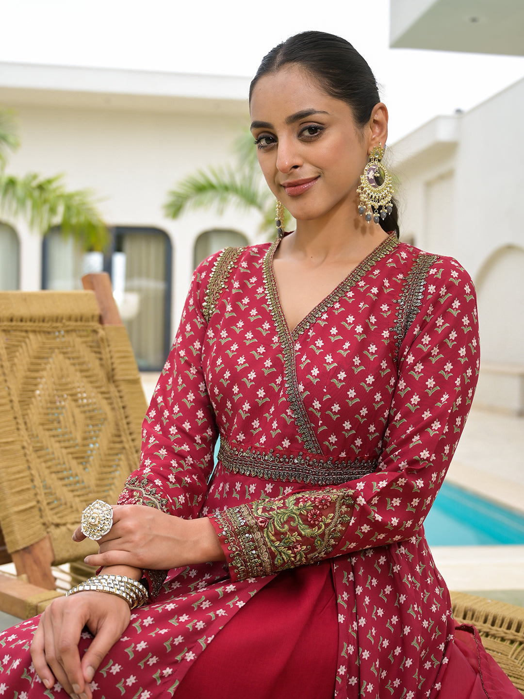 Noe Velarro Maroon Printed & Zari Embroidered Rayon Layered Kurta with Dupatta Set for Women