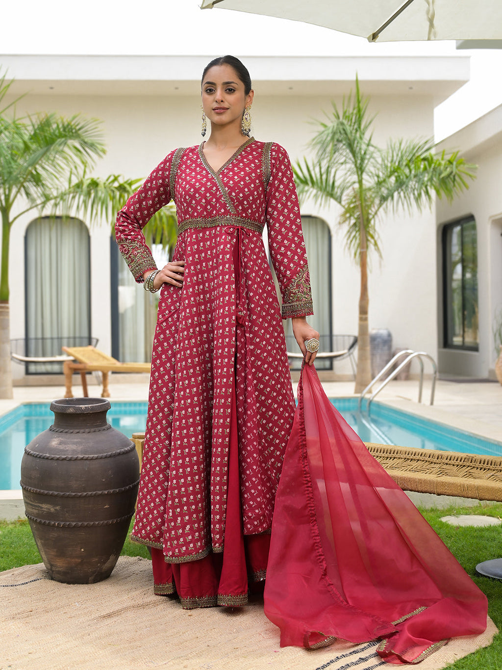 Noe Velarro Maroon Printed & Zari Embroidered Rayon Layered Kurta with Dupatta Set for Women