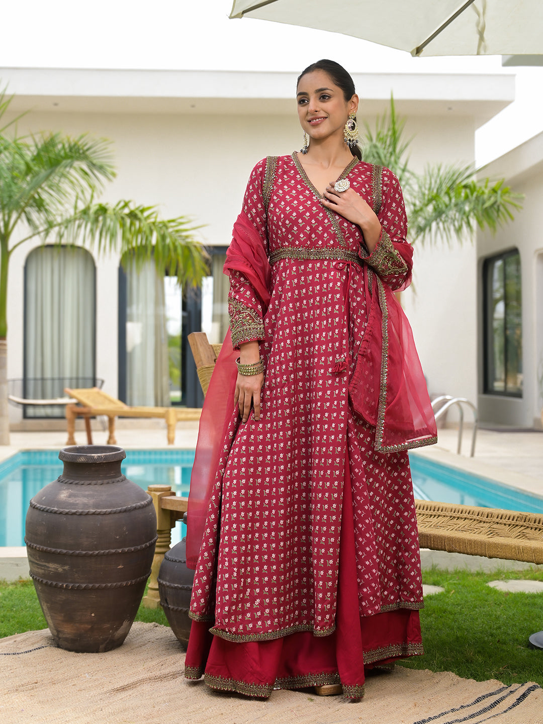 Noe Velarro Maroon Printed & Zari Embroidered Rayon Layered Kurta with Dupatta Set for Women