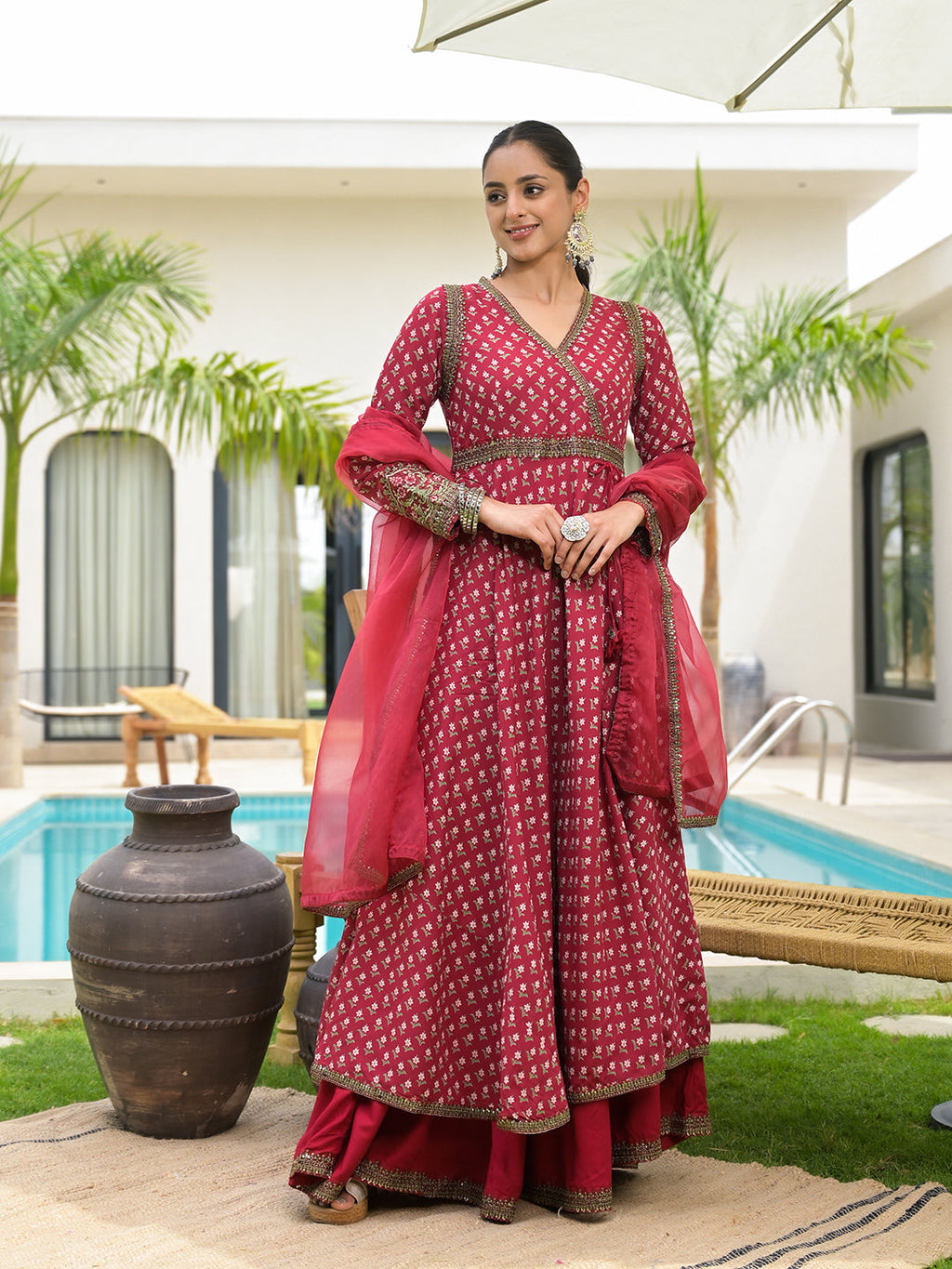 Noe Velarro Maroon Printed & Zari Embroidered Rayon Layered Kurta with Dupatta Set for Women