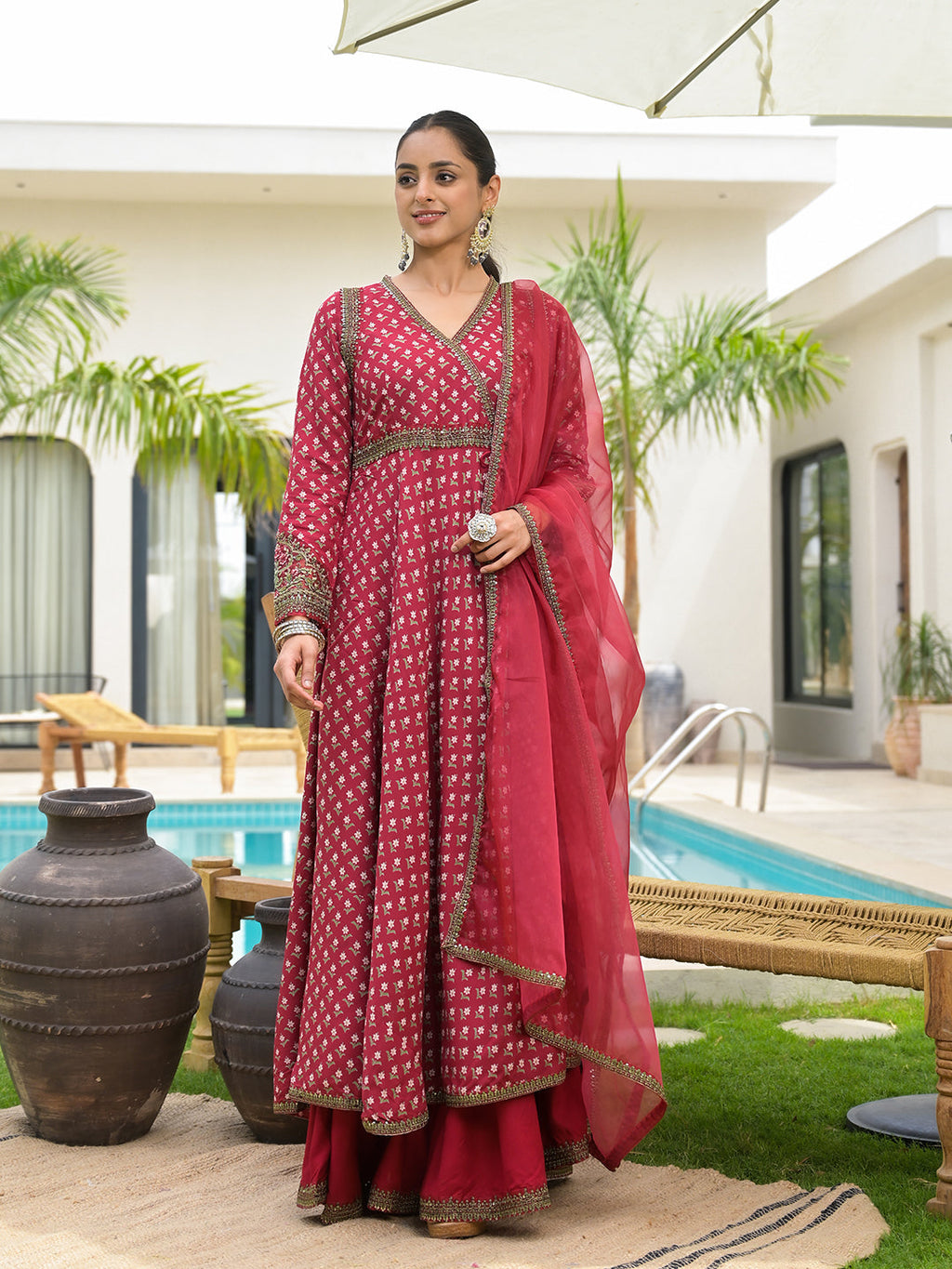 Noe Velarro Maroon Printed & Zari Embroidered Rayon Layered Kurta with Dupatta Set for Women